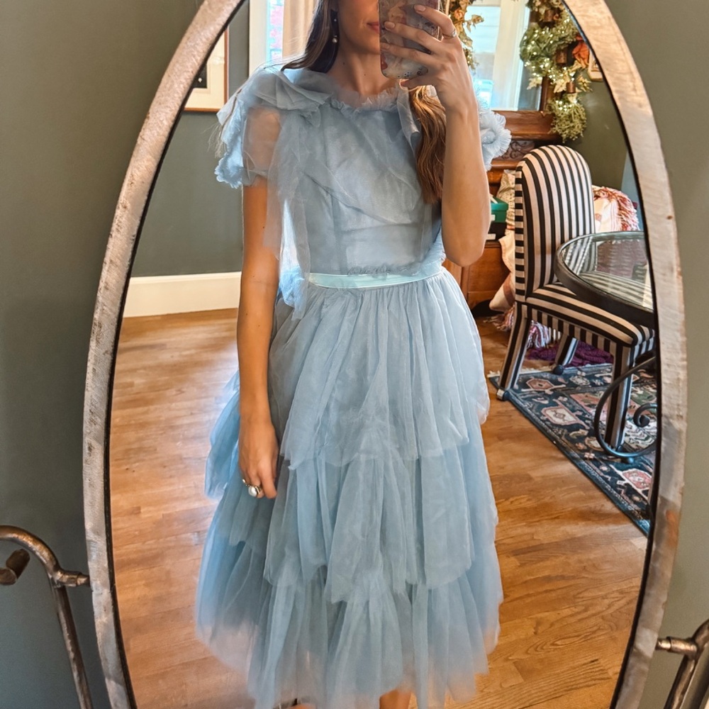 blue tired tulle ruffle dress with puff sleeves fairy princess sz 4/6 small